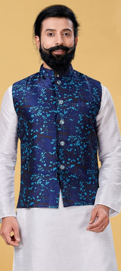 Blue color Nehru Jacket in Jacquard fabric with Printed work