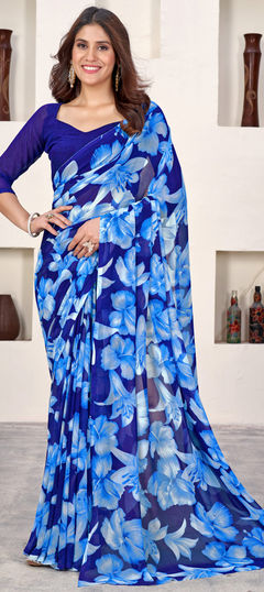 Blue color Saree in Faux Georgette fabric with Floral, Printed work