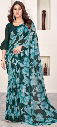 Green color Saree in Faux Georgette fabric with Floral, Printed work