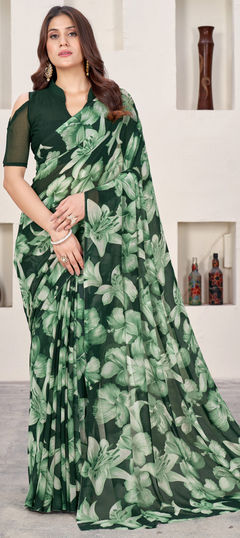 Green color Saree in Faux Georgette fabric with Floral, Printed work