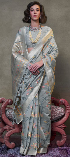 Black and Grey color Saree in Cotton fabric with Weaving work