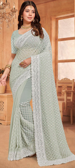 Green color Saree in Georgette fabric with Embroidered, Resham, Sequence work