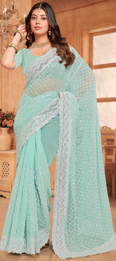 Green color Saree in Georgette fabric with Embroidered, Resham, Sequence work