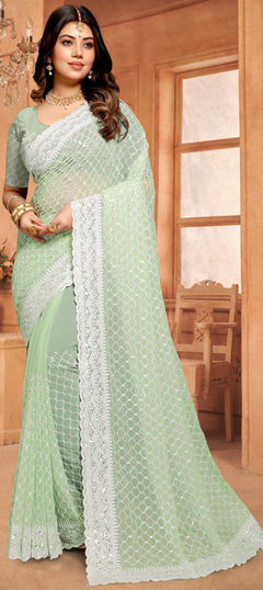 Green color Saree in Georgette fabric with Embroidered, Resham, Sequence work