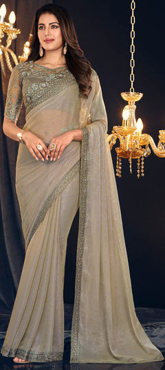 Beige and Brown color Saree in Georgette fabric with Embroidered, Resham, Sequence, Thread work