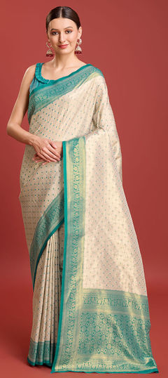 Blue color Saree in Kanchipuram Silk fabric with Weaving work