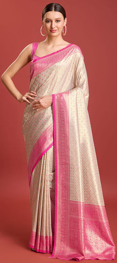 Pink and Majenta color Saree in Kanchipuram Silk fabric with Weaving work