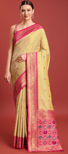 Beige and Brown color Saree in Kanchipuram Silk fabric with Weaving work