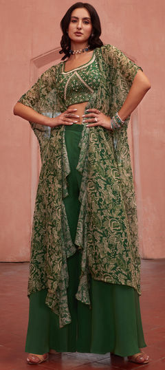 Green color Salwar Kameez in Georgette fabric with Embroidered, Moti, Resham, Thread work