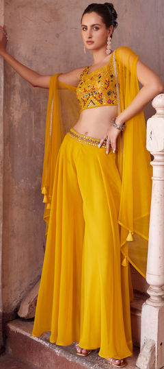 Yellow color Salwar Kameez in Georgette fabric with Embroidered, Mirror, Resham, Thread work