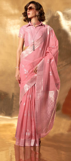 Pink and Majenta color Saree in Linen fabric with Weaving, Zari work