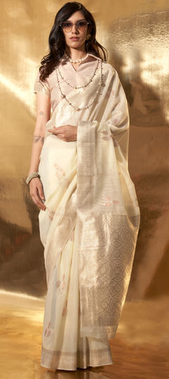 White and Off White color Saree in Linen fabric with Weaving, Zari work