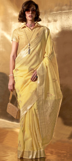 Yellow color Saree in Linen fabric with Weaving, Zari work