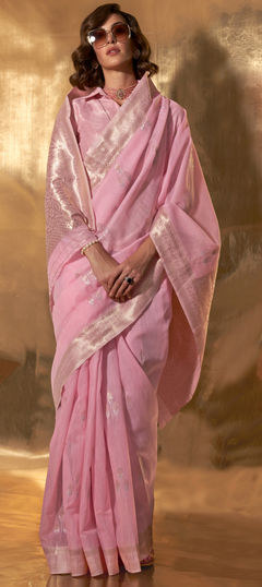 Pink and Majenta color Saree in Linen fabric with Weaving, Zari work