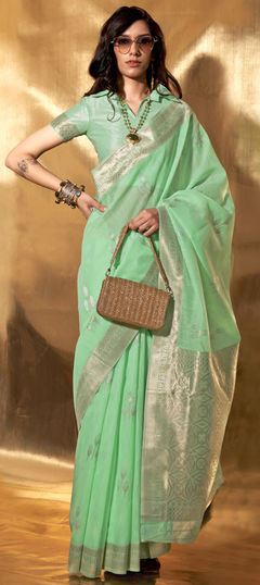 Green color Saree in Linen fabric with Weaving, Zari work