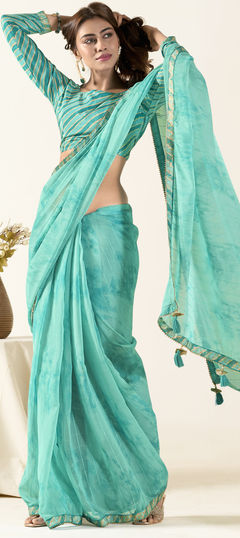 Festive, Reception Blue color Saree in Georgette fabric with Classic Lace, Printed work : 1945568