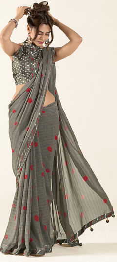 Festive, Reception Black and Grey color Saree in Georgette fabric with Classic Floral, Lace, Printed work : 1945569