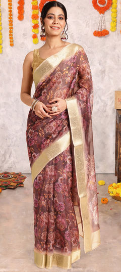 Festive, Traditional Red and Maroon color Saree in Organza Silk fabric with Classic Floral work : 1945602