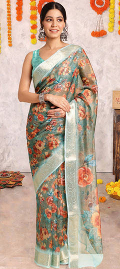 Festive, Traditional Green color Saree in Organza Silk fabric with Classic Floral work : 1945604