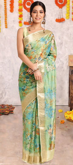 Festive, Traditional Green color Saree in Organza Silk fabric with Classic Floral work : 1945611