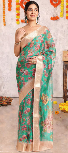 Festive, Traditional Blue color Saree in Organza Silk fabric with Classic Floral work : 1945613