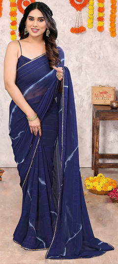 Blue color Saree in Chiffon fabric with Printed, Tye n Dye work