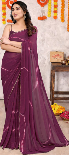 Purple and Violet color Saree in Chiffon fabric with Printed, Tye n Dye work