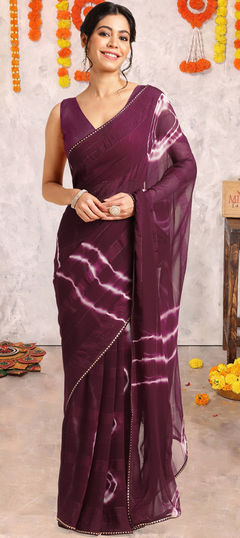 Purple and Violet color Saree in Chiffon fabric with Printed, Tye n Dye work