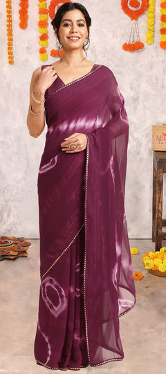 Purple and Violet color Saree in Chiffon fabric with Printed, Tye n Dye work