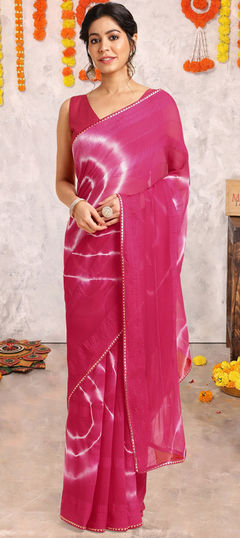 Pink and Majenta color Saree in Chiffon fabric with Printed, Tye n Dye work