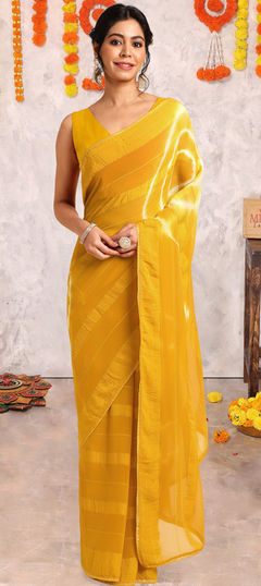 Yellow color Saree in Chiffon fabric with Printed, Tye n Dye work