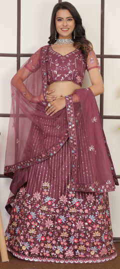 Pink and Majenta color Lehenga in Net fabric with Embroidered, Sequence, Thread work