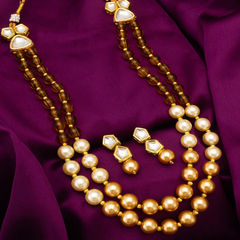 Gold Rodium Polish Beige and Brown color Necklace in Metal Alloy studded with Beads, Kundan