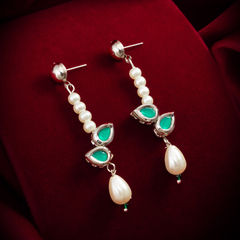 Gold Rodium Polish Green, White and Off White color Earrings in Metal Alloy studded with Kundan, Pearl