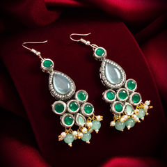 Gold Rodium Polish Green color Earrings in Metal Alloy studded with Beads, Kundan