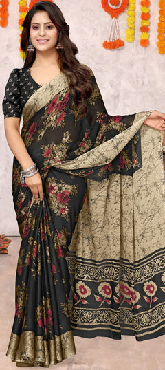 Festive, Reception Black and Grey color Saree in Chiffon fabric with Classic Floral work : 1945843