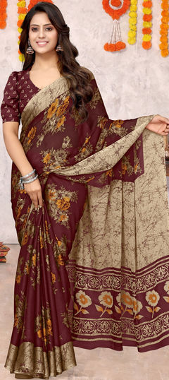 Festive, Reception Red and Maroon color Saree in Chiffon fabric with Classic Floral work : 1945849