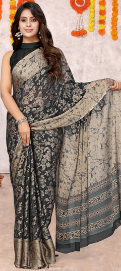 Festive, Reception Black and Grey color Saree in Chiffon fabric with Classic Floral work : 1945851