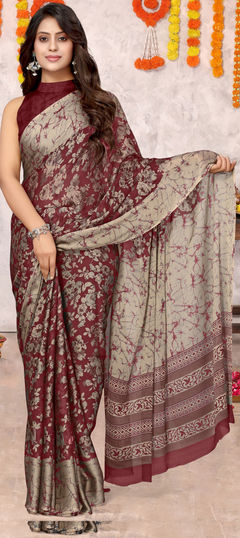 Festive, Reception Red and Maroon color Saree in Chiffon fabric with Classic Floral work : 1945852