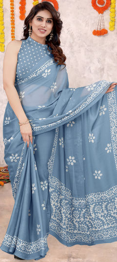 Blue color Saree in Chiffon fabric with Block Print work