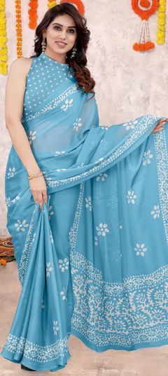 Blue color Saree in Chiffon fabric with Block Print work