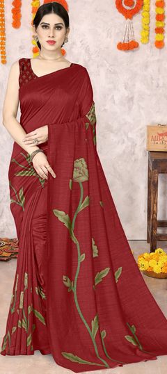 Red and Maroon color Saree in Chiffon fabric with Floral work