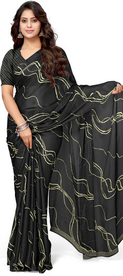 Festive, Party Wear, Reception Black and Grey color Saree in Chiffon fabric with Classic Printed, Tye n Dye work : 1945875