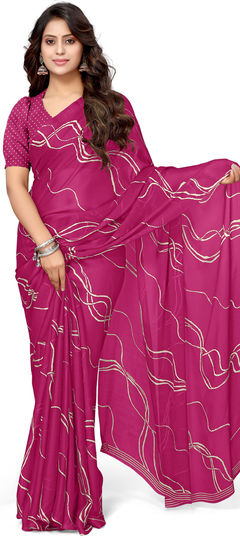 Festive, Party Wear, Reception Pink and Majenta color Saree in Chiffon fabric with Classic Printed, Tye n Dye work : 1945879