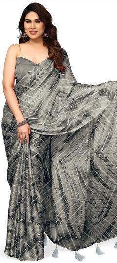 Black and Grey color Saree in Chiffon fabric with Lace, Printed work