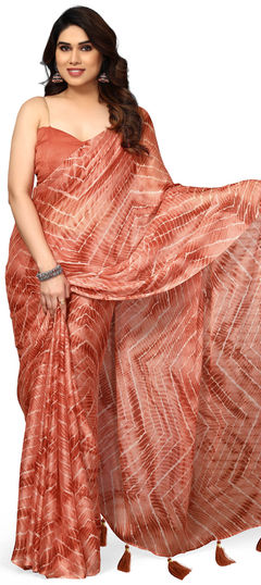 Beige and Brown color Saree in Chiffon fabric with Lace, Printed work