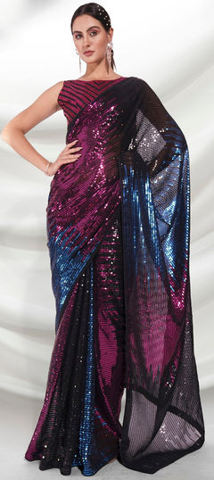 Black and Grey, Purple and Violet color Saree in Georgette fabric with Sequence work