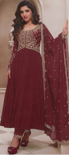 Red and Maroon color Salwar Kameez in Art Silk fabric with Embroidered, Thread work