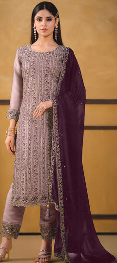 Party Wear, Reception Purple and Violet color Salwar Kameez in Art Silk fabric with Pakistani, Straight Embroidered, Resham, Thread work : 1945997