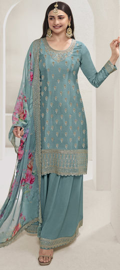 Bollywood Blue color Salwar Kameez in Silk fabric with Palazzo, Straight Embroidered, Sequence, Thread, Zari work : 1945998